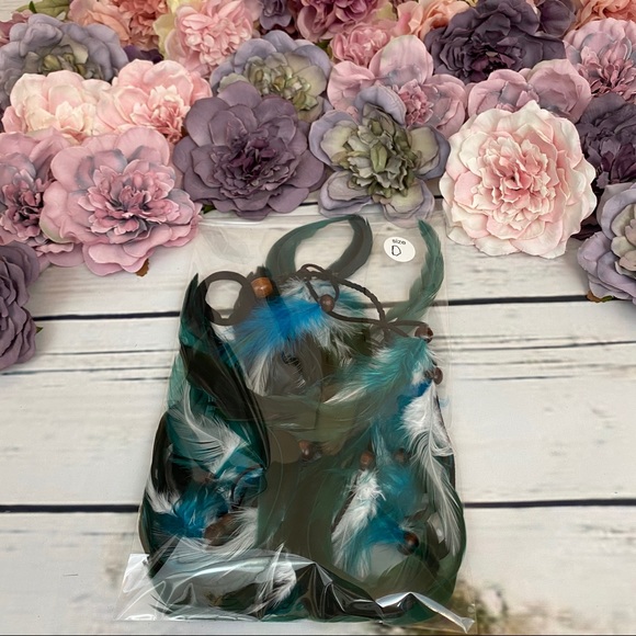 Boho Blue and White Long Feather Elastic Hair Tie - Picture 13 of 14